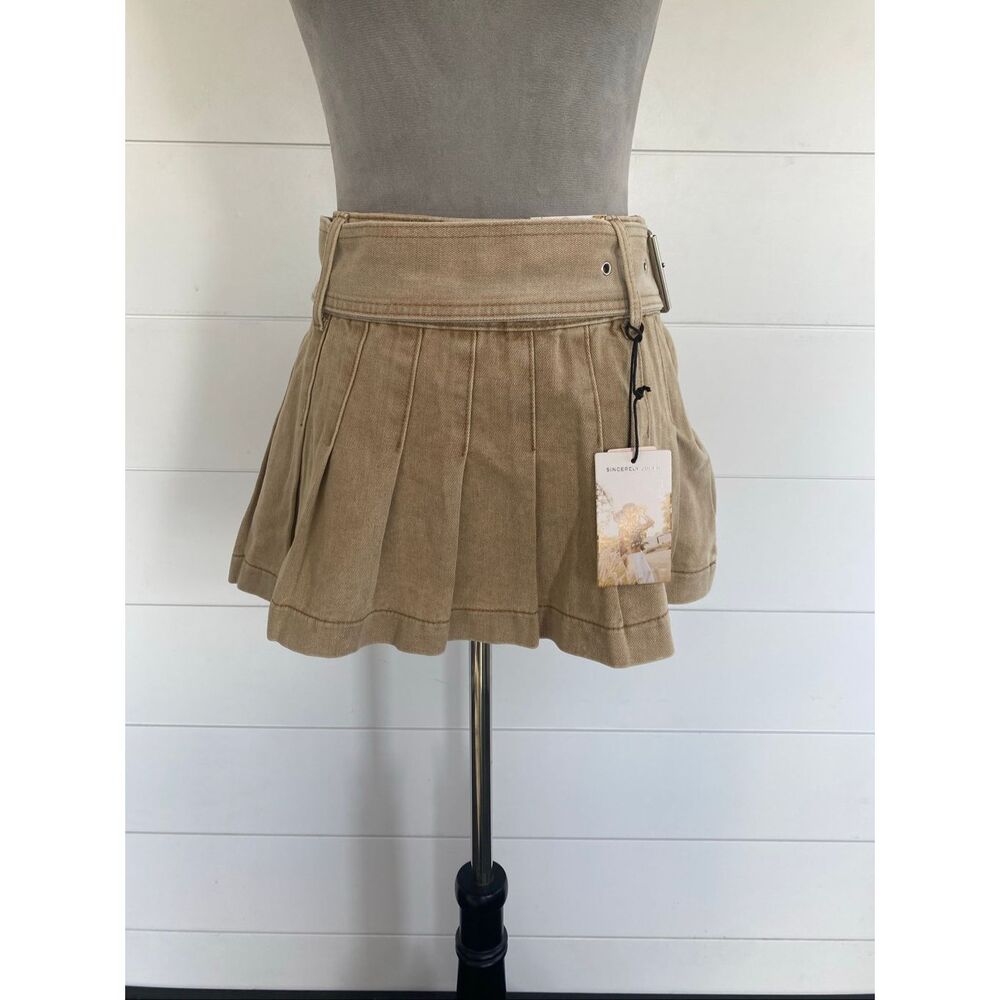 Sincerely Jules Low Rise Pleated Mini Skirt S Khaki Denim Preppy Coquette